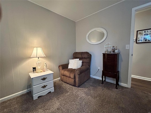 living area with dark colored carpet