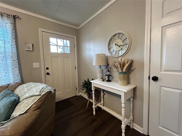 foyer entrance featuring dark wood-type flooring and crown molding