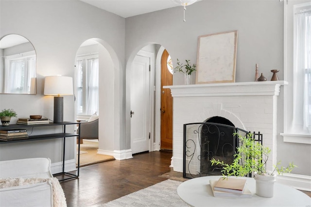 living room featuring dark hardwood / wood-style floors and a fireplace