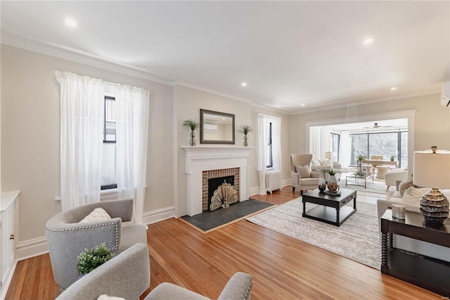 living room featuring a fireplace, crown molding, and hardwood / wood-style flooring