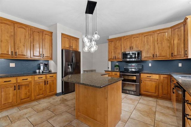 kitchen featuring a center island, brown cabinets, and stainless steel appliances