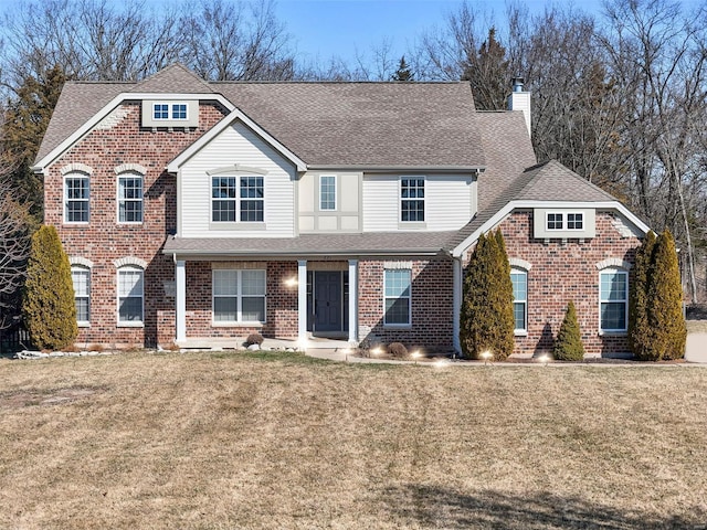 view of front of home featuring brick siding, a chimney, a front yard, and a shingled roof