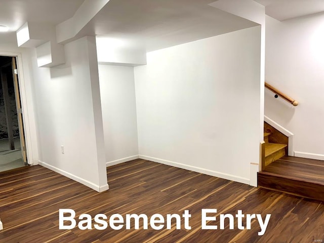 basement with dark hardwood / wood-style flooring