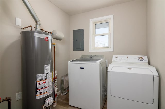 laundry area with hardwood / wood-style floors, washer and clothes dryer, water heater, and electric panel