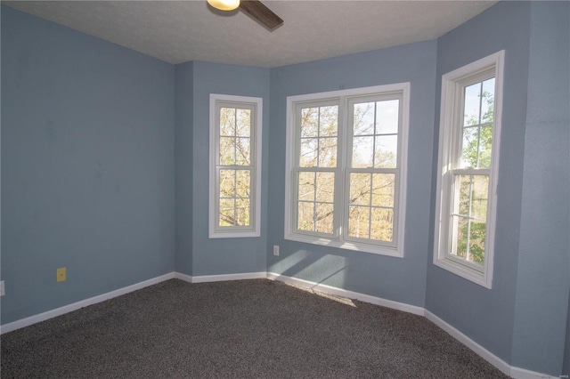 empty room featuring plenty of natural light, carpet floors, baseboards, and ceiling fan