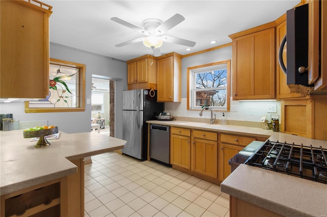 kitchen featuring crown molding, appliances with stainless steel finishes, sink, and a wealth of natural light