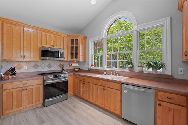 kitchen featuring lofted ceiling, stainless steel appliances, tasteful backsplash, sink, and light wood-type flooring