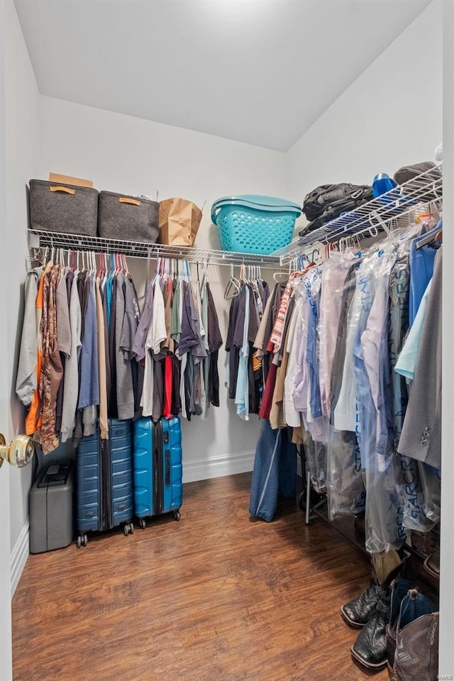 walk in closet with dark hardwood / wood-style flooring