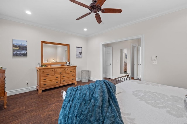 bedroom with ceiling fan, dark hardwood / wood-style flooring, and crown molding