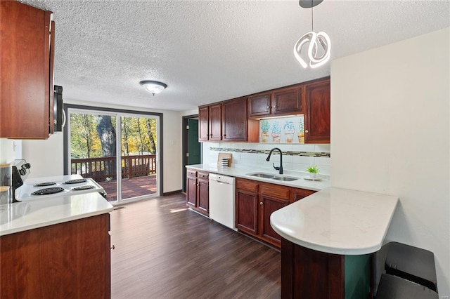 kitchen featuring dishwasher, pendant lighting, sink, dark wood-type flooring, and range with electric cooktop