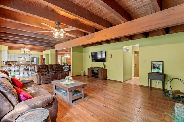 living room with light hardwood / wood-style floors, wood ceiling, beamed ceiling, and ceiling fan with notable chandelier