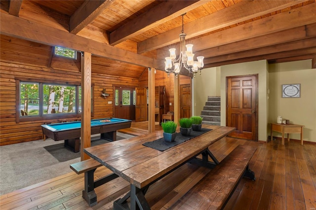 recreation room with wooden ceiling, billiards, beam ceiling, and wooden walls