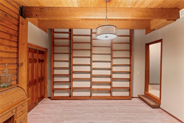 interior space with wood ceiling and light hardwood / wood-style floors