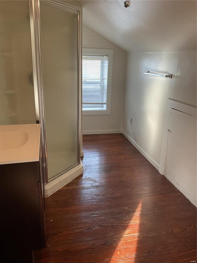 interior space with vanity, hardwood / wood-style flooring, vaulted ceiling, and walk in shower