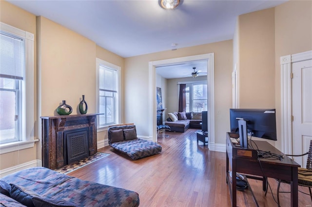 living room with a wealth of natural light and hardwood / wood-style floors