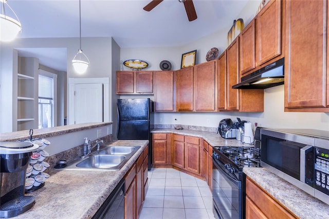 kitchen with ceiling fan, black appliances, light tile patterned flooring, pendant lighting, and sink