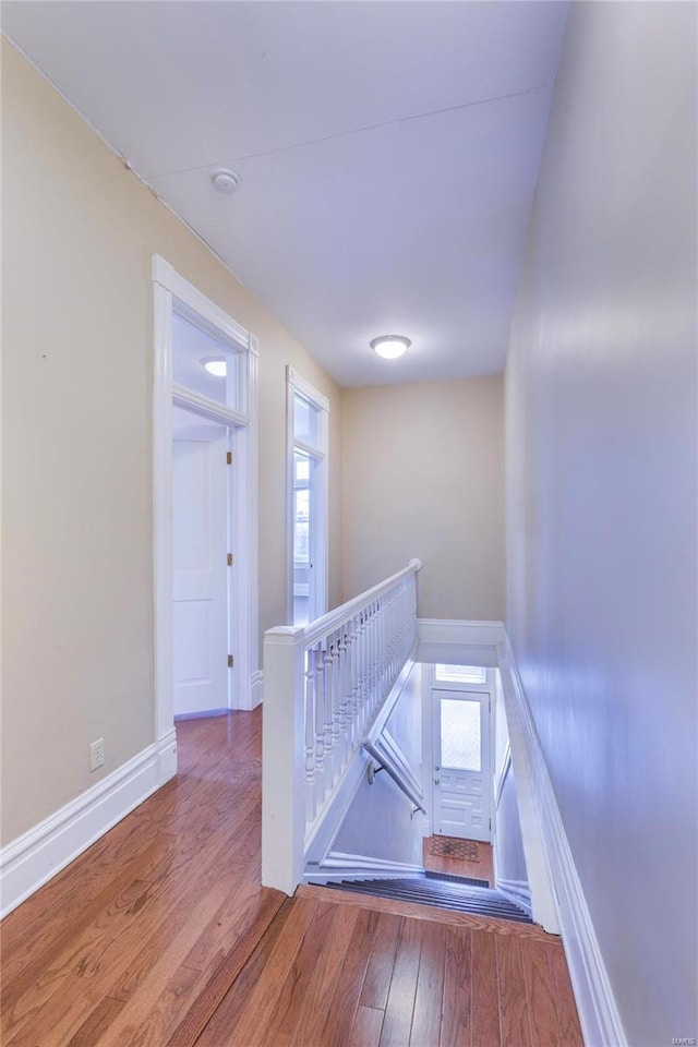 stairs featuring plenty of natural light and hardwood / wood-style flooring