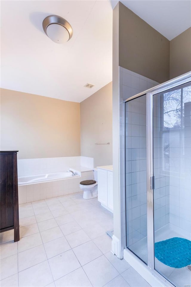 bathroom with plus walk in shower and tile patterned floors