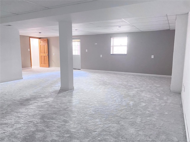 basement with a drop ceiling and carpet floors