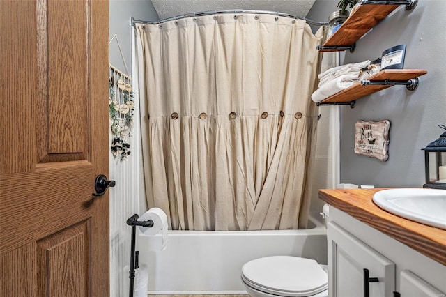 full bathroom featuring a textured ceiling, toilet, vanity, and shower / bathtub combination with curtain