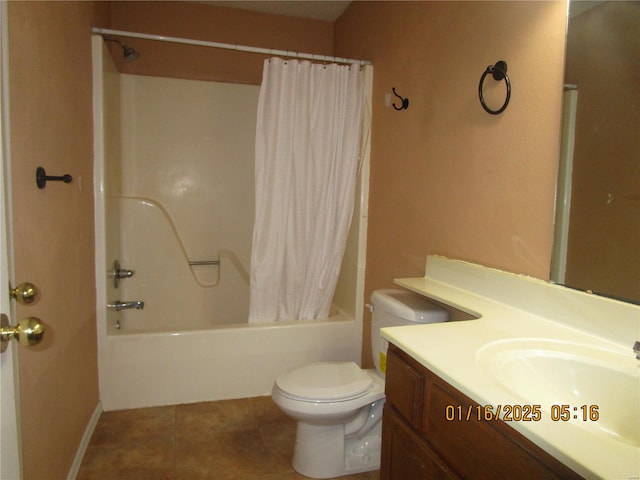 full bathroom featuring tile patterned flooring, vanity, toilet, and shower / bath combo with shower curtain