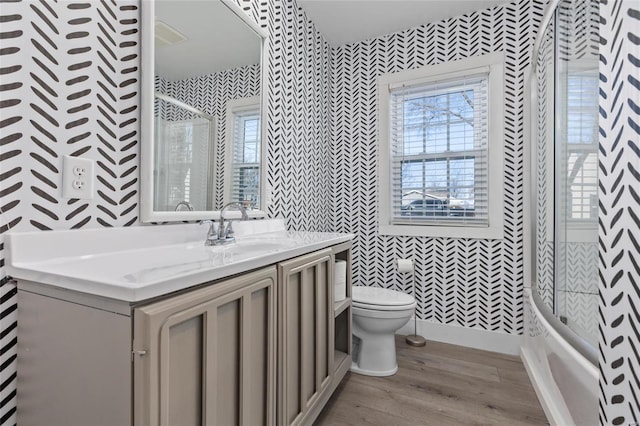 bathroom featuring vanity, toilet, and wood-type flooring