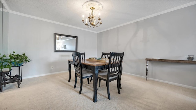 carpeted dining area with crown molding, a notable chandelier, and a textured ceiling