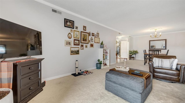 carpeted living room featuring crown molding and an inviting chandelier