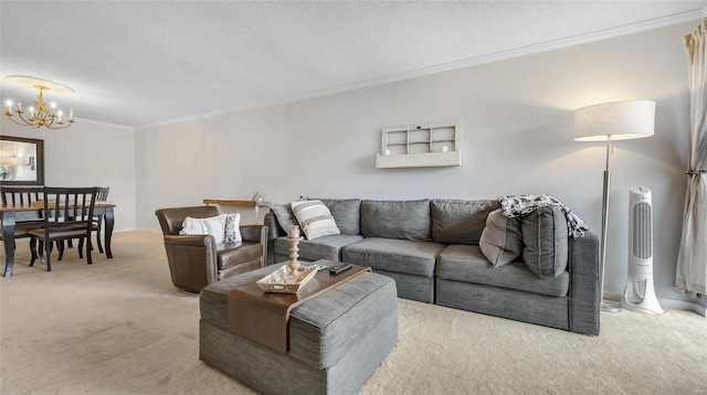 living room featuring crown molding, light colored carpet, a textured ceiling, and a chandelier