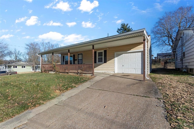 view of front of home featuring a garage, a porch, and a front lawn