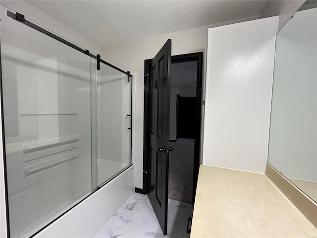 full bathroom with marble finish floor and bath / shower combo with glass door