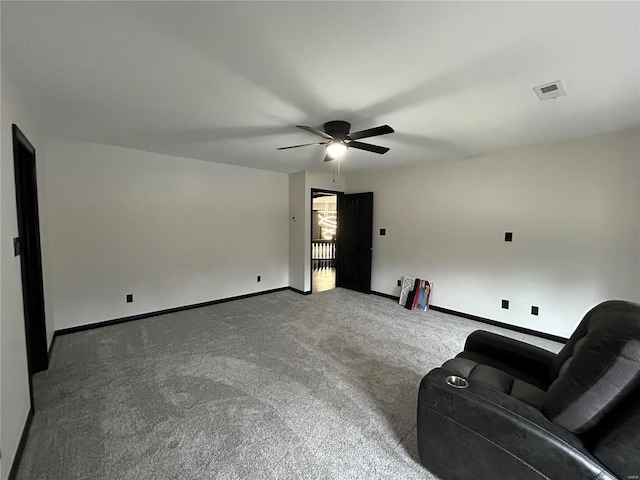 interior space with a ceiling fan, visible vents, and baseboards