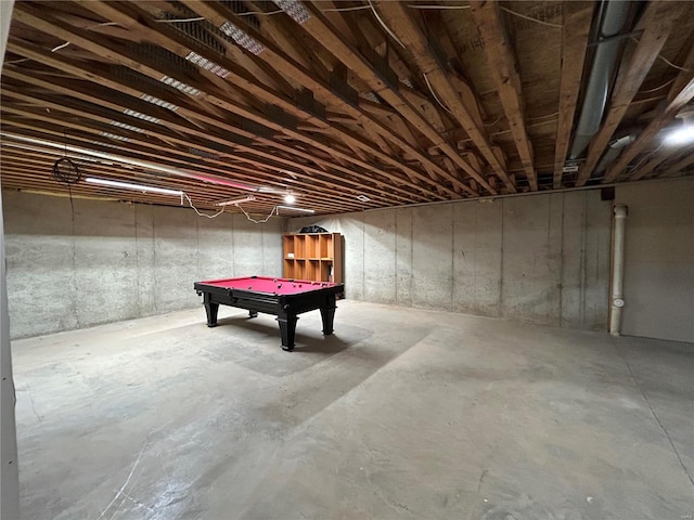 unfinished below grade area featuring pool table