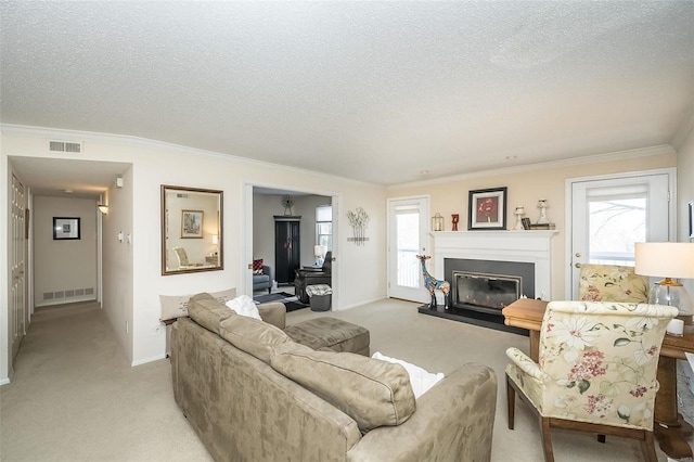 carpeted living room with crown molding, plenty of natural light, and a textured ceiling