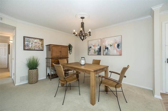 carpeted dining area featuring crown molding and a chandelier