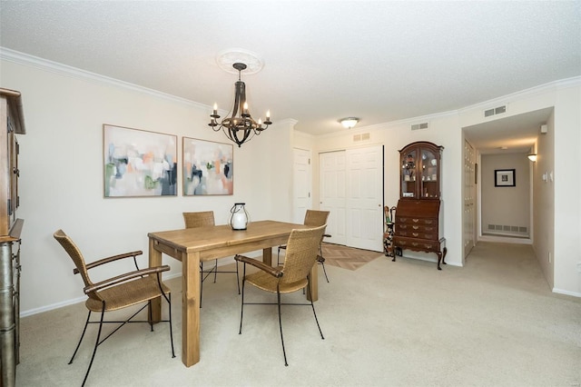 dining space featuring crown molding and a chandelier