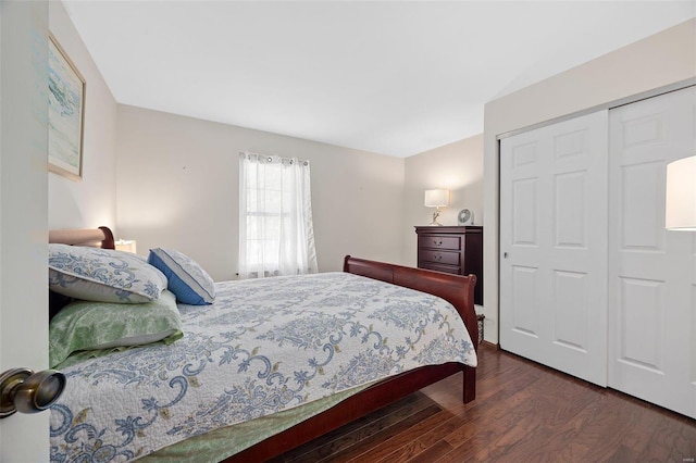 bedroom featuring dark wood-type flooring and a closet