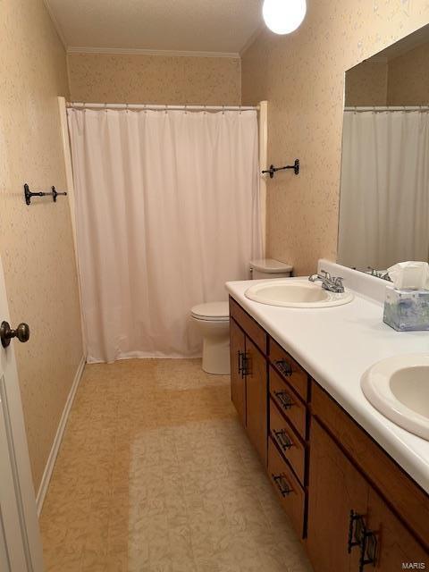 bathroom with toilet, vanity, and crown molding