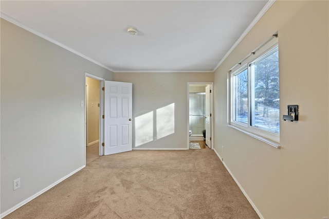 unfurnished bedroom with crown molding and light colored carpet