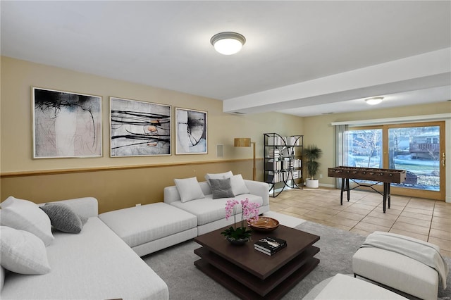 living room with light tile patterned flooring