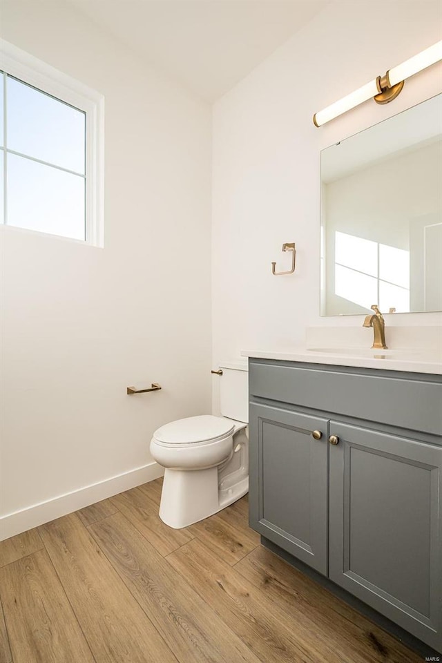 bathroom with vanity, wood-type flooring, and toilet