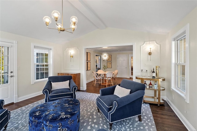 living room featuring a chandelier, dark hardwood / wood-style floors, and lofted ceiling with beams