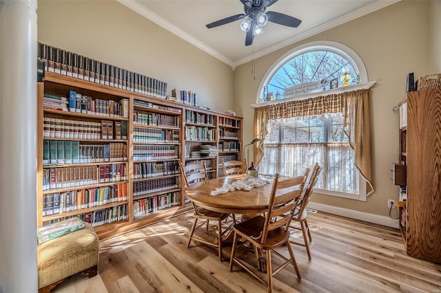 living area featuring crown molding, ceiling fan, and light hardwood / wood-style floors