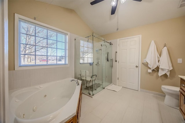 full bathroom with lofted ceiling, ceiling fan, separate shower and tub, vanity, and toilet