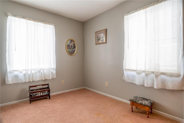 sitting room featuring light colored carpet