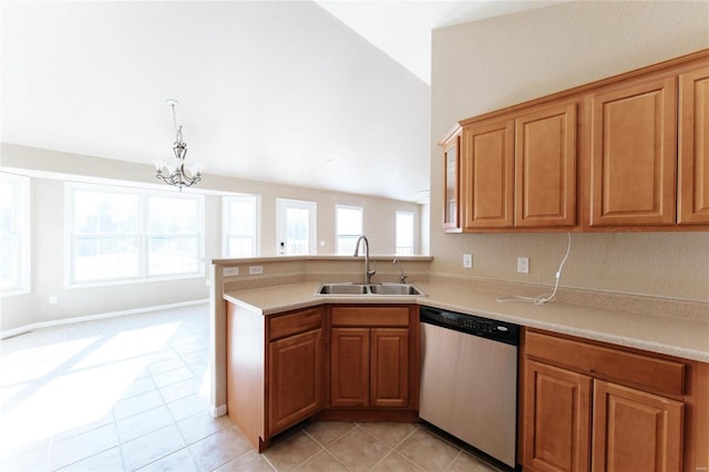 kitchen with lofted ceiling, sink, light tile patterned floors, stainless steel dishwasher, and kitchen peninsula