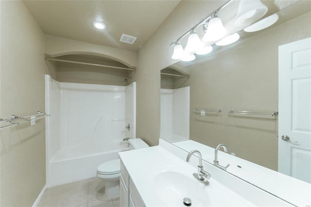 full bathroom featuring vanity, shower / bathing tub combination, tile patterned floors, and toilet