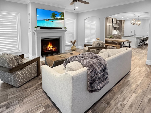 living room featuring crown molding, wood-type flooring, sink, and ceiling fan with notable chandelier