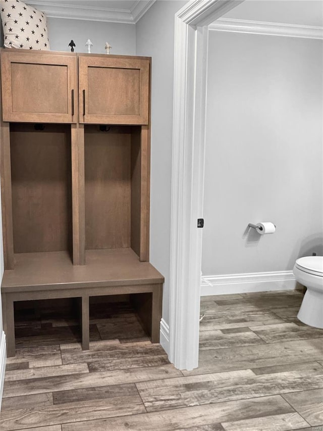 mudroom with hardwood / wood-style flooring and crown molding