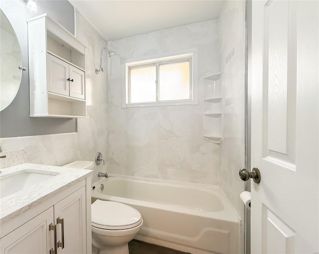 full bath with shower / bathing tub combination, vanity, and toilet